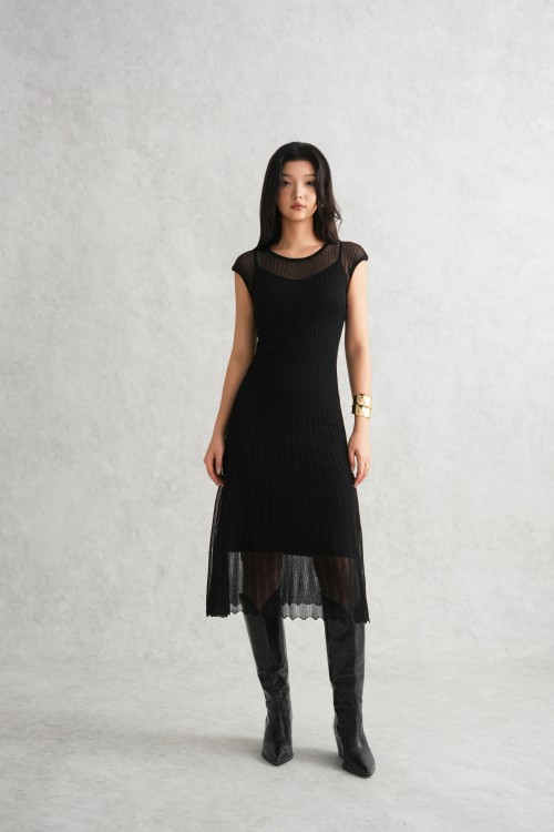 Sixdo Black Sheer Knit Flared Dress